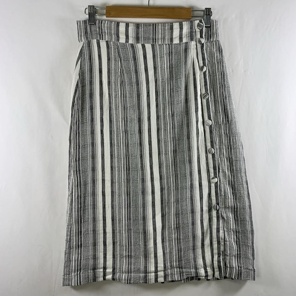 Euro Summer Striped Coastal Midi Skirt Sz L  Mediterranean Buttons Cotton Lined